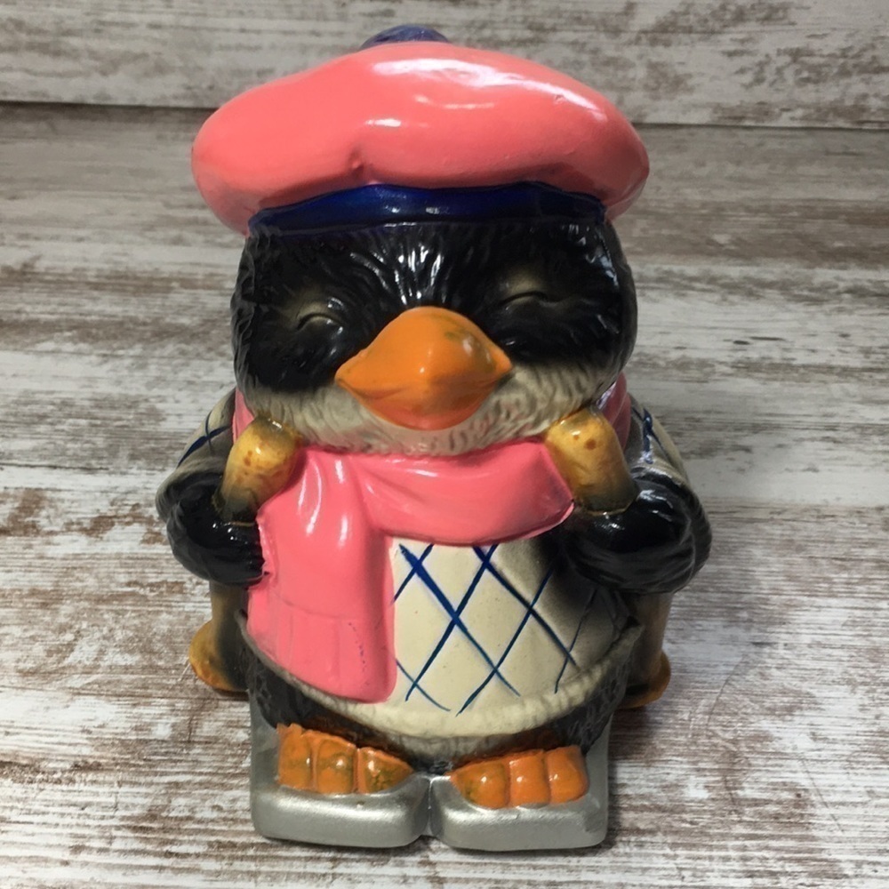 Vintage Ceramic Penguin on Skis Coin Bank with Stopper Taiwan 7”